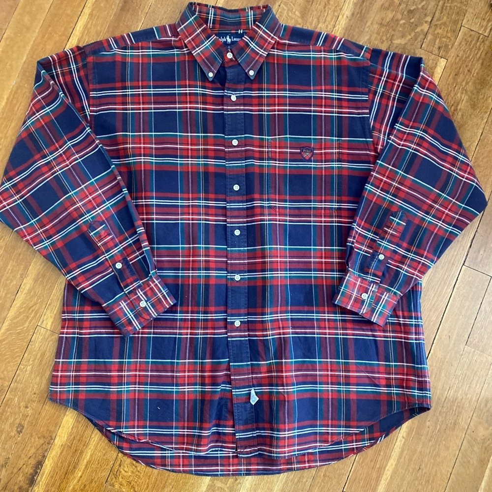 Ralph Lauren The Big Shirt Men’s Large Thick Oxford Red Plaid Crest Logo